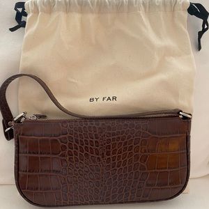 BY FAR Croc-Embossed Shoulder Bag in Dark Brown